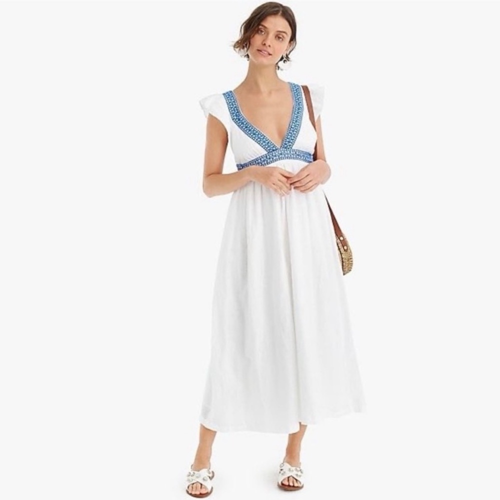 J. Crew White Midi Dress with Blue Trim